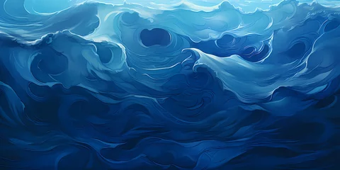 Gardinen Deep ocean blue 3D waves with a reflective sheen, their surface mirroring the surrounding environment with clarity. © NUSRAT ART