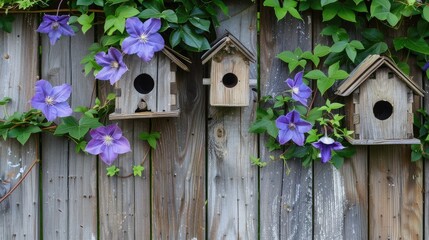 Fototapeta na wymiar Three cute little birdhouses on rustic wooden fence with purple Clematis plant growing on them