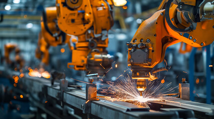 Sparks fly in a modern automotive factory, showcasing robotic welding technology