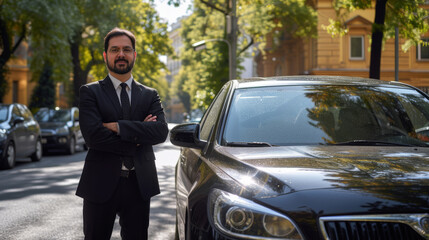 Confident Chauffeur Standing by Luxury Vehicle in Urban Setting, taxi driver near uber black