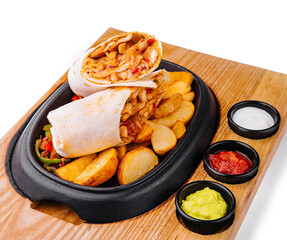 shawarma with fried potato wedges and different sauce