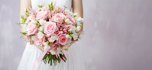 Spring wedding bouquet with pink roses in the hands of the bride close-up. Banner. Copy space