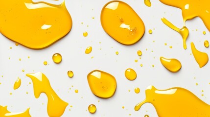 Abstract Yellow Liquid Droplets on White Surface, An abstract pattern of vibrant yellow liquid droplets scattered across a clean, white surface, creating a contrast of color and form., honey or oil