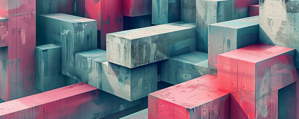 An abstract arrangement of weathered concrete blocks with pink and blue color accents , Abstract Concrete Blocks in Pink and Blue Hues