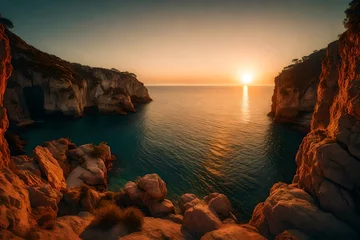 Foto auf Acrylglas Vintage sea sunset from the mountain cave,Sea sunset viewed from cave © MSohail