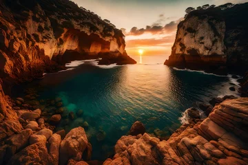 Fototapeten Vintage sea sunset from the mountain cave © MSohail