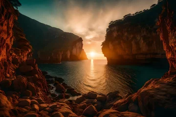 Fototapeten Vintage sea sunset from the mountain cave,Sea sunset viewed from cave © MSohail