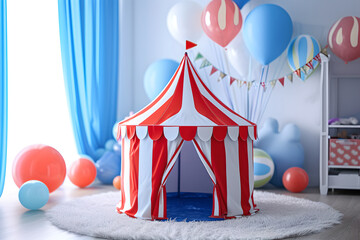 Naklejka premium Stripes tent of circus children's room for show and childish entertainment. Circus canopy performance at home