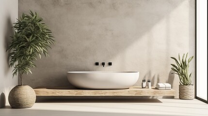 Contemporary bright bathroom with bathtub and beige concrete wall, kinfolk style interior design - obrazy, fototapety, plakaty