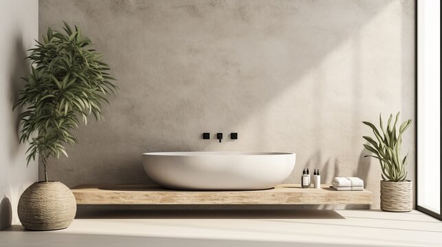 Fototapeta Contemporary bright bathroom with bathtub and beige concrete wall, kinfolk style interior design
