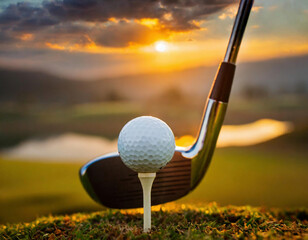 Close-up of golf ball on tee with club at sunset at golf club