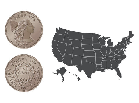 Vector American money, one cent coin, 1793-1795. Vector illustration isolated on the background of a map of the USA.