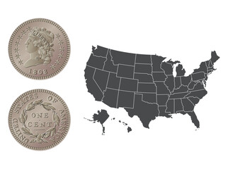 Vector American money, one cent coin, 1808-1814. Vector illustration isolated on the background of a map of the USA. - obrazy, fototapety, plakaty