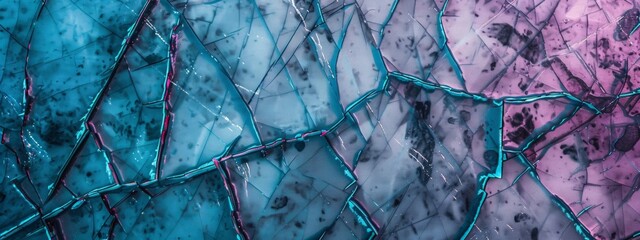 abstract pattern that resembles ariel view of cracked ice, cracks have teal and magenta colors - obrazy, fototapety, plakaty