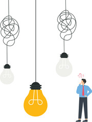 Simple idea and solution brainstorm process, Unravel tangle of wires with hanging light bulbs, Solve complex problems find answer concept,

