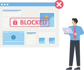 Fototapeta na wymiar Content restriction and IP blocking, Holding warning notification with exclamation mark and block of online traffic to restrict illegal websites concept,