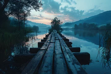 Foto op Plexiglas Peaceful Landscape of Wooden Pier on Lake. Wooden Bridge © Resdika