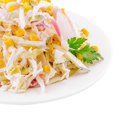 Salad with corn, crab sticks, cucumbers, eggs and mayonnaise