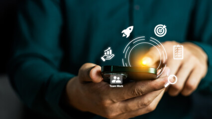 Digital Marketing Media Technology Graphic Concept, Businessman using mobile smart phone....