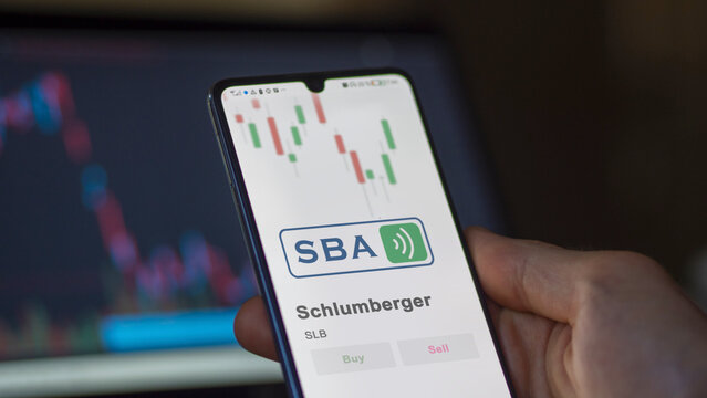 March 4th 2024, The logo of Schlumberger on the screen of an exchange. Schlumberger price stocks, $SLB on a device.