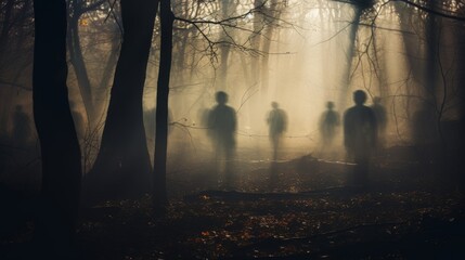 Eerie phantom forest with ghostly shadows lurking in defocused blurred background - obrazy, fototapety, plakaty