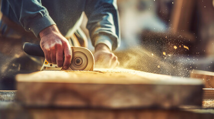Skilled worker with power tool making precise cut in timber.