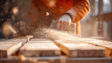 Skilled worker with power tool making precise cut in timber. - obrazy, fototapety, plakaty