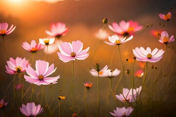 cosmos flowers in sunset,Cosmos flowers blooming in the morning