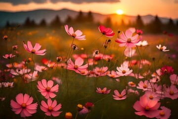 Fototapeta na wymiar cosmos flowers in sunset