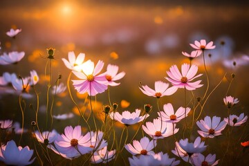 cosmos flowers in sunset