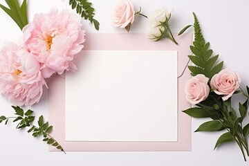 An appealing top view of a blank card surrounded by beautiful pink peonies and delicate white roses