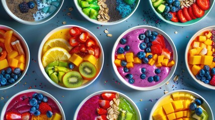 "Assorted fruit bowls with granola and chia seeds on a blue background. Flat lay composition with place for text. Healthy eating and lifestyle concept. Design for menu, poster, and health blog."