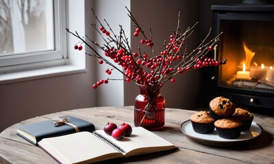 Cup of tea, muffins, cranberry branches in a vase, a notebook