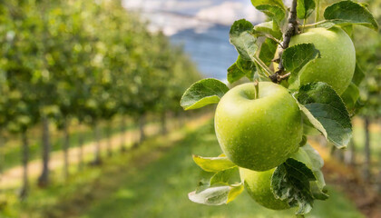 Granny Smith apple variety in the orchard ready to be harvested against blurred agricultural field