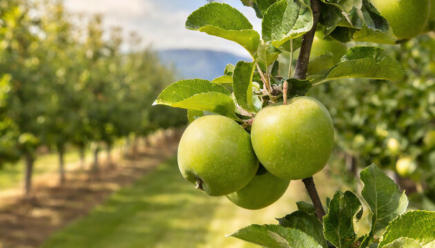 Granny Smith apple variety in the orchard ready to be harvested against blurred agricultural field