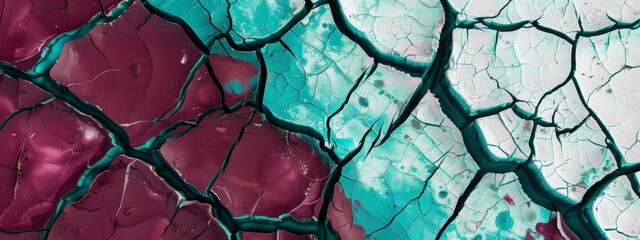 abstract pattern that resembles ariel view of cracked ice, cracks have teal and magenta colors