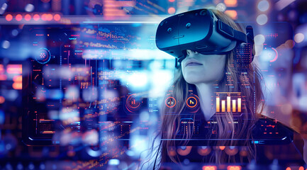 Double exposure of woman wearing VR headset with ai data analyst.  Virtual entertainment - 750586906
