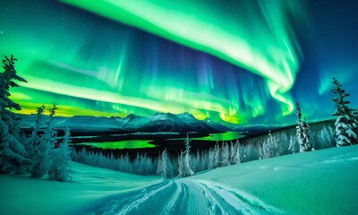 Aurora borealis over the frosty forest. Green northern lights above mountains. Night nature landscape with polar lights