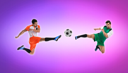 Fototapeta na wymiar Handsome sportsmen playing basketball on gradient color background, collage. Banner design