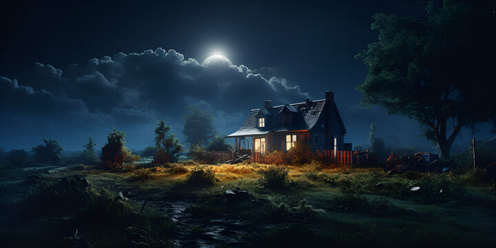 A house night with light 3d render unique trees beautiful  house cloudy sky woods against dark blue background