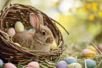 Bunny in wicker basket and Easter eggs on grass in park. Generative AI - Powered by Adobe