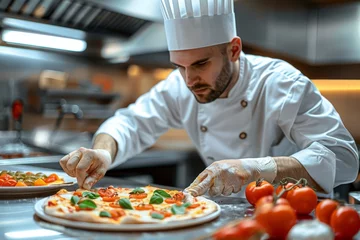 Foto op Canvas Pizza chef finishing the preparing of in professional pizzeria restaurant kitchen. © jakapong