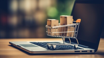 Paper cartons with a shopping cart or trolley logo on a laptop keyboard, depicts customers order things from retailer sites via the internet.Online shopping / ecommerce and delivery service concept.

 - obrazy, fototapety, plakaty