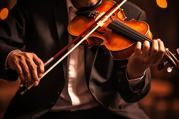 A musician in a suit plays a violin with a bow, creating beautiful music