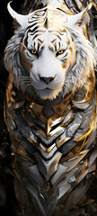 Obraz premium The white tiger wears armor shaped wallpaper design abstract organic colorful background 9:20, ai generative