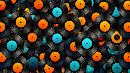 Large group of old records stacked together in various colors
