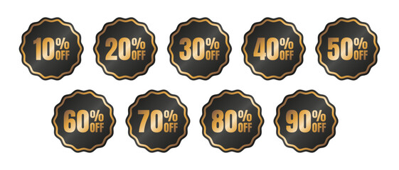 Black and gold discount stickers. Vector and PNG on transparent background.