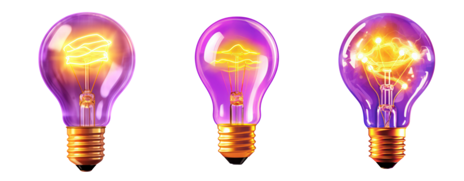 Set of purple light bright bulb on white background
