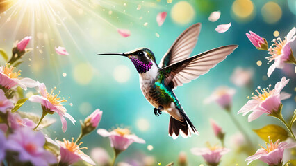 Fototapeta premium A long-billed hummingbird hovering in the air in sunny spring garden among beautiful flowers on light bokeh background.Hummingbird in flight.Brightly lit bird in wild nature. Generative AI
