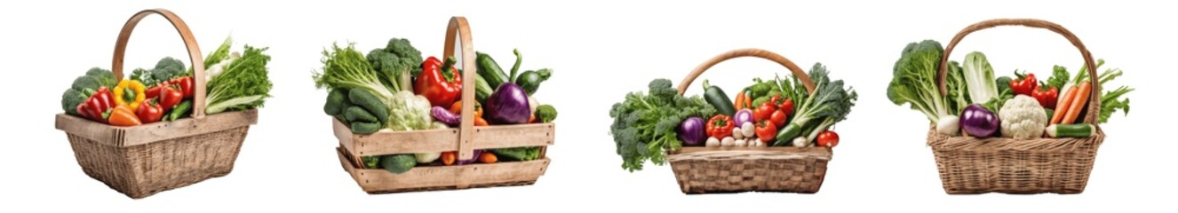 set of vegetables in baskets isolated on transparent background